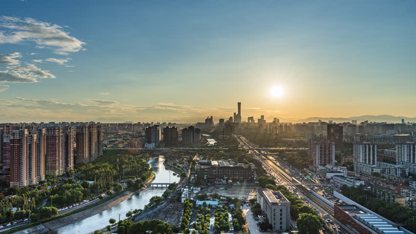 China Beijing CBD Central District Sunset Day to Night Time-lapse Promotional Video