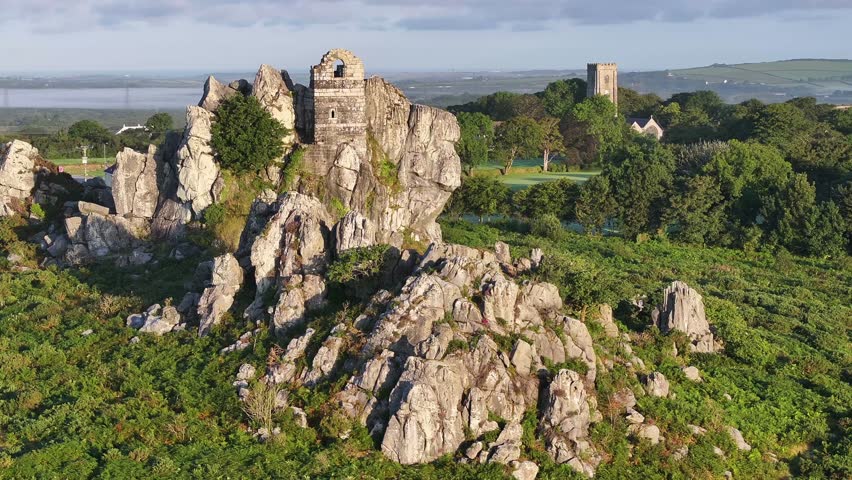 Aerial clip of Roche Rock chapel in the village of Roche, Cornwall, England, United Kingdom, Europe