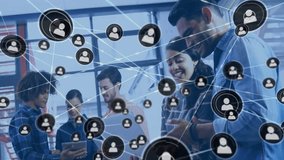 Animation of network of connections with people icons over diverse business people in office. Global finance, business, connections, computing and data processing concept digitally generated video. - Powered by Shutterstock - Get 15% off with code: PIKWIZARD15