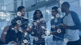 Animation of network of connections with globe icons over diverse business people in office. Global finance, business, connections, computing and data processing concept digitally generated video. - Powered by Shutterstock - Get 15% off with code: PIKWIZARD15