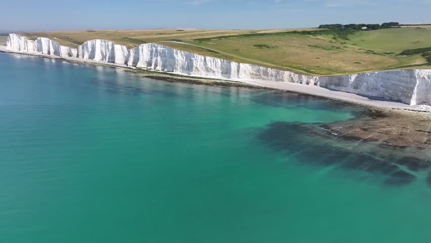 Aerial view of white chalk cliffs at Seven Sisters, South Downs National Park, East Sussex, England, United Kingdom, Europe