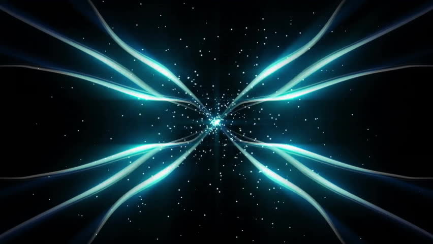 Animation of glowing light trails moving over black background. Colour, shape, light and movement concept digitally generated video.