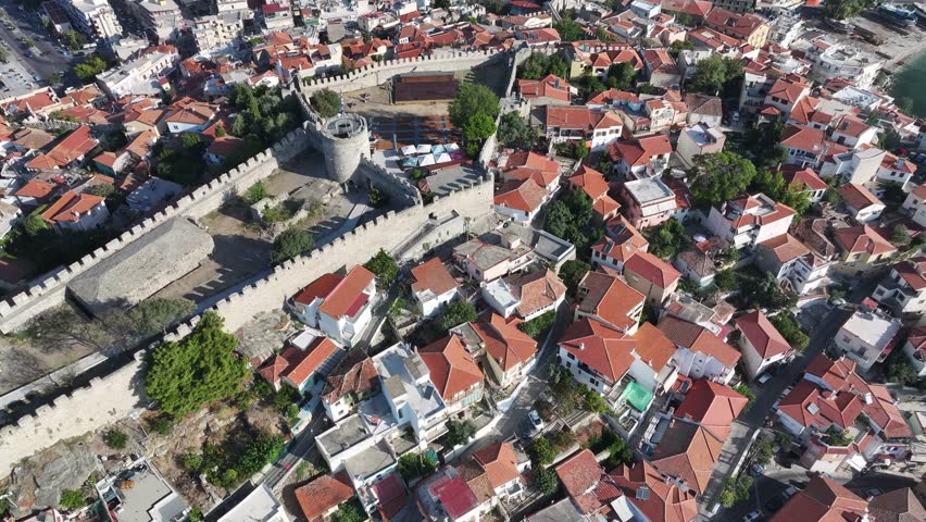Aerial view of Kavala Old Town, Kavala Bay and Kavala Fortress, Kavala, Greece, Europe