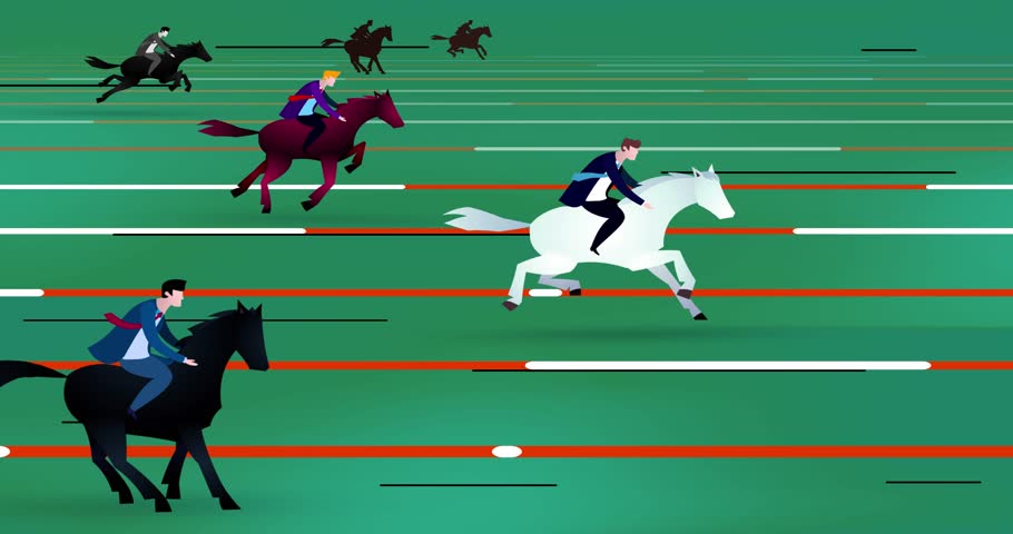 Businessmen riding horses with one champion on green circuit. Business metaphor of rivalry chase, competition. Seamless loop  with separate lanes. Cartoon animation explainer motion graphic style.