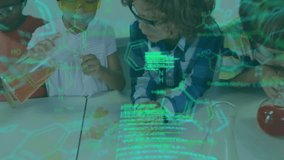 Animation of scientific data processing over diverse schoolchildren in laboratory. Global education, learning, science, connections, computing and data processing concept digitally generated video. - Powered by Shutterstock - Get 15% off with code: PIKWIZARD15