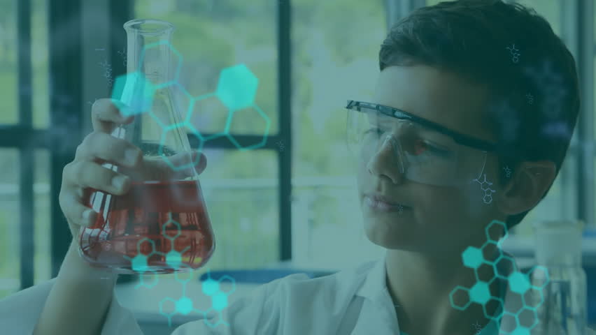 Animation of scientific data processing over caucasian schoolboy in laboratory. Global learning, education, science, connections, computing and data processing concept digitally generated video.