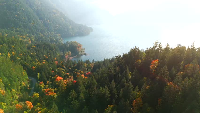 Smooth flight over The Harrison Lake. British Columbia, Canada