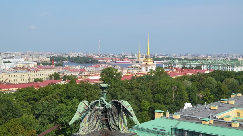 An aerial view of Saint Petersburg, Russia, showcasing stunning architecture, historic landmarks, and waterways. Cityscape offers a glimpse into the rich cultural heritage of this iconic Russian city.