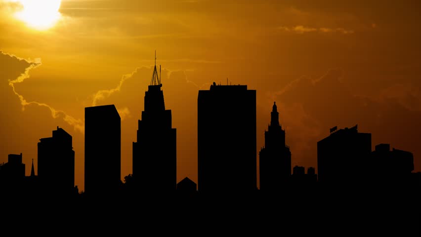 Newark Skyline at Sunset, Time Lapse with Red Sun and Fiery Sky, New Jersey, USA