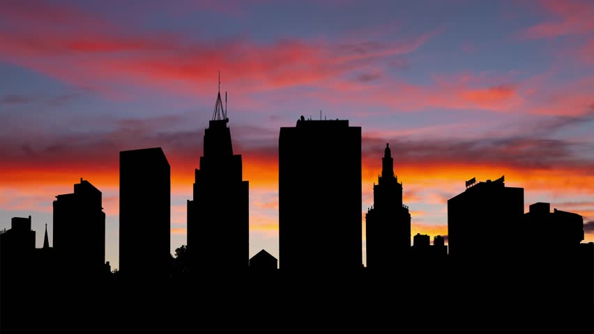 Newark Skyline at Twilight, Time Lapse with Colourful Sky and Dark Silhouette of Skyscrapers, New Jersey, USA