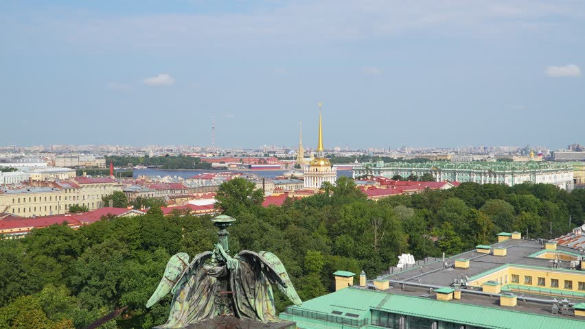 An aerial view of Saint Petersburg, Russia, showcasing stunning architecture, historic landmarks, and waterways. Cityscape offers a glimpse into the rich cultural heritage of this iconic Russian city.