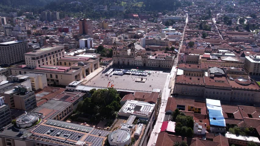 Bogota, Colombia. Aerial View of City Center, Bolivar Square Cathedral and Government Buildings