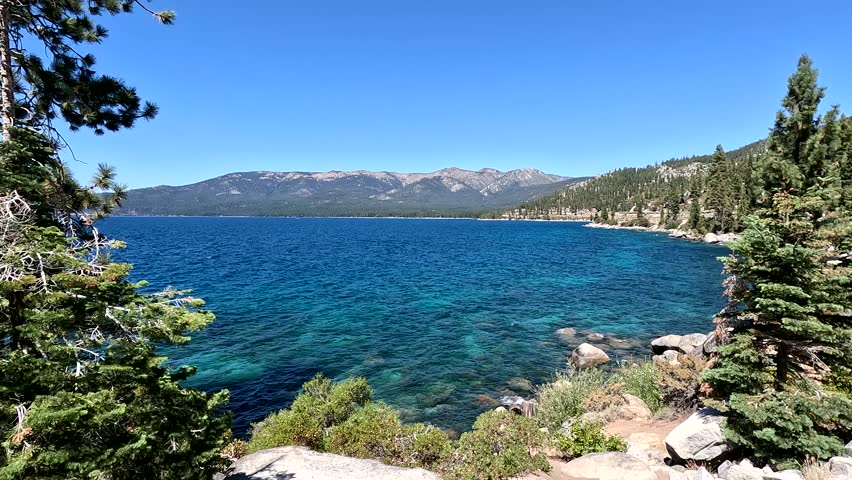 Lake Tahoe (East Shore Trail). Beautiful Scenic Landscape. 4K Relaxing Nature Background.