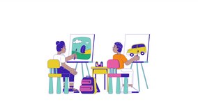 Preteen school art class kids painting 2D characters animation. Black girl arm raising cartoon 4K video, alpha channel. African american schoolchildren canvas easel animated people on white background - Powered by Shutterstock - Get 15% off with code: PIKWIZARD15