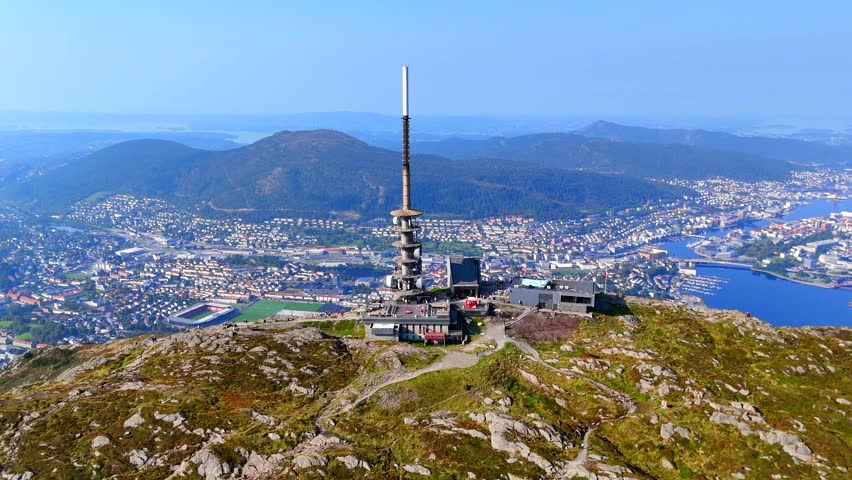 Aerial drone shot of Bergen from Ulriken mountain, Norway