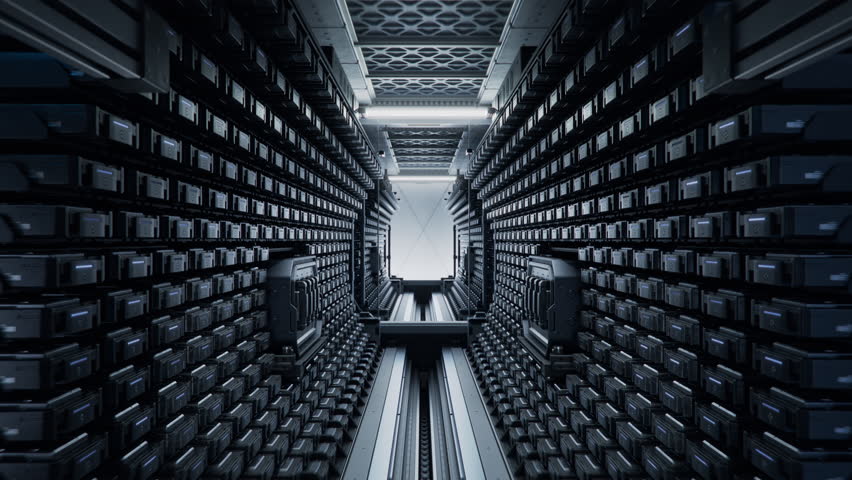 Supercomputer that Powering Massive AI Models with Rows of Blinking Drives Containing Training Data and Datasets. Advanced Storage Solution in Data Center. Cloud Computing and Processing Concept