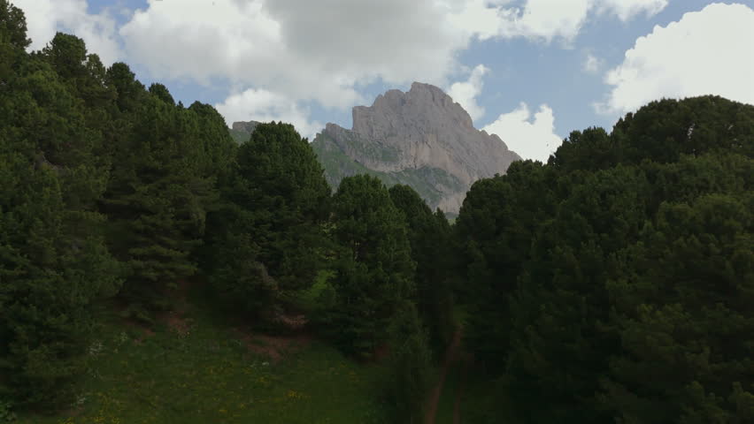 A stunning landscape featuring a towering mountain peak, dense pine forest, and green alpine meadows with scattered wooden cabins under a partly cloudy sky.