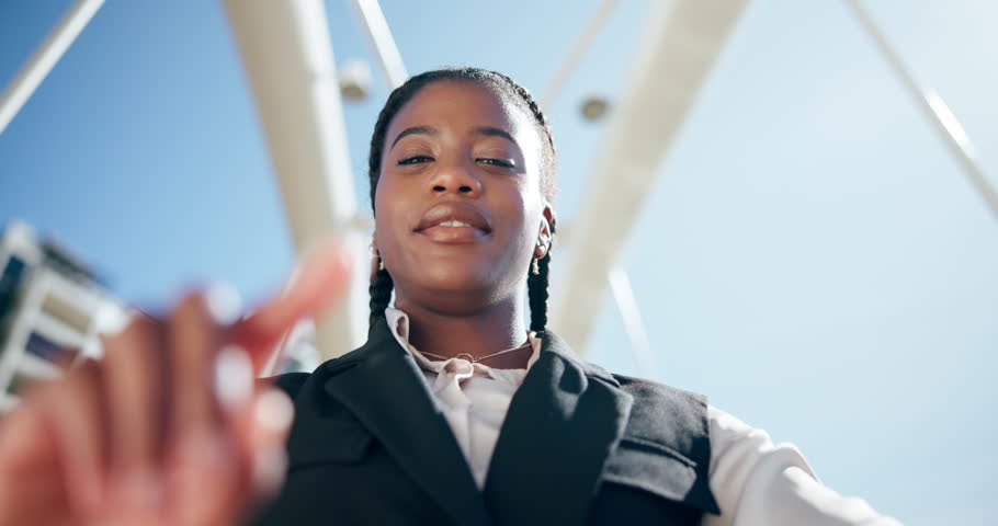 Business, black woman and pov of scroll in city for text, message or notification on company email. Low angle, face and female worker outdoors with gesture for digital communication, research or info