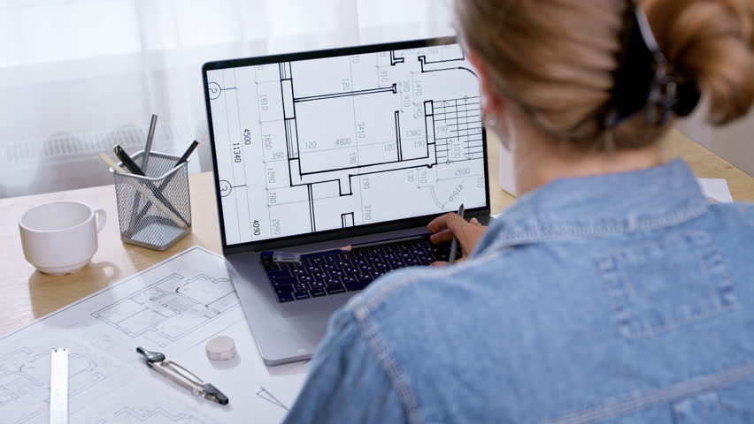 Interior drawings on a laptop screen. An architect designer develops sketches of a house. Construction project blueprint.