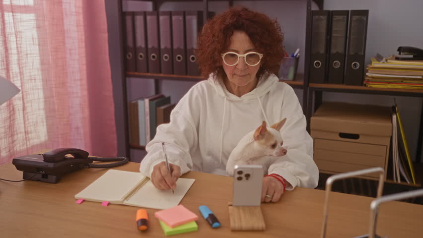 An elderly woman with curly red hair, wearing glasses, works with a notebook and smartphone in her home office while her white chihuahua dog sits on her lap.