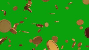 Gold coins symbol falling down - 3D Render. Golden coins falling, green screen background. 3D animation. Glowing gold coins falling from the top of the frame semaless loop. - Powered by Shutterstock - Get 15% off with code: PIKWIZARD15