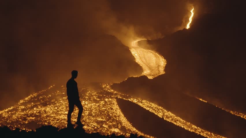 Pacaya Volcano, Guatemala - A Silhouette of a Man Wearing a Headlamp Stands at Night, Close to the Rivers of Molten Lava - Handheld Shot