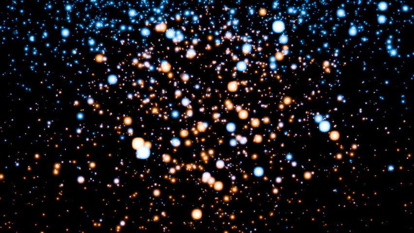 Continuous stream of cyan and golden particles endlessly fall and shimmer against a black background 3d render. Glitter bokeh elements backdrop for award ceremony, greeting card or celebration