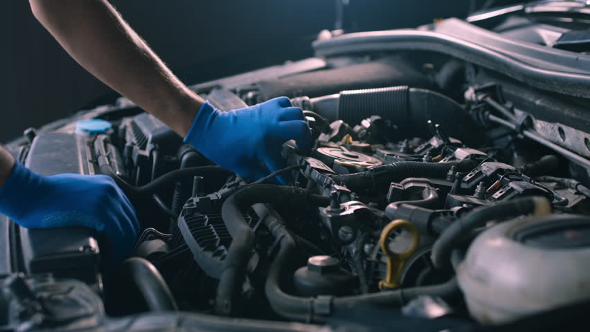 Car maintenance. Close up of mechanic examining engine of damaged vehicle at repair station, tracking shot