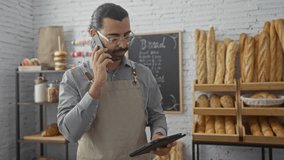 Handsome man working at a bakery talking on phone and using tablet with various breads displayed behind him - Powered by Shutterstock - Get 15% off with code: PIKWIZARD15
