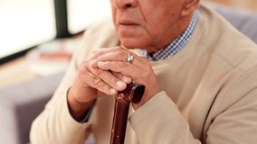 Cane, senior man and hands in home for retirement, osteoporosis and balance in house. Walking stick, closeup and elderly person with disability, injury and crutch to help with support for mobility - Powered by Shutterstock - Get 15% off with code: PIKWIZARD15
