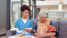 Pills, healthcare and nurse with senior woman in retirement home for wellness checkup with medication. Discussion, vitamins and caregiver explain medicine to elderly female patient for consultation. - Powered by Shutterstock - Get 15% off with code: PIKWIZARD15