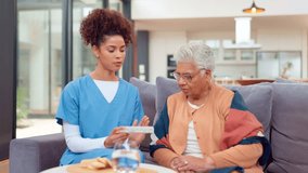 Pills, medical and nurse with senior woman in retirement home for wellness checkup with medication. Discussion, vitamins and caregiver explain medicine to elderly patient for healthcare consultation. - Powered by Shutterstock - Get 15% off with code: PIKWIZARD15