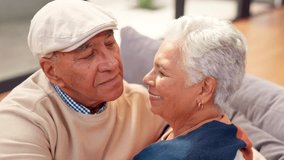 Senior couple, relax and hug in house for love, support and commitment together in marriage with smile. Elderly people, embrace and happy in home for bonding, trust and relationship with connection - Powered by Shutterstock - Get 15% off with code: PIKWIZARD15
