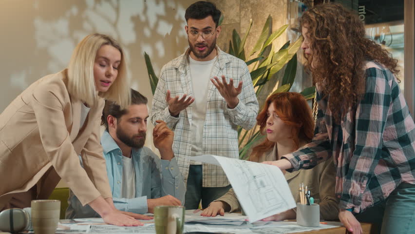 Business team disagreement argue conflict office coworking group angry toxic men women female male architects shout scream quarrel misunderstanding documents problem tired man colleague feel stress - Powered by Shutterstock - Get 15% off with code: PIKWIZARD15