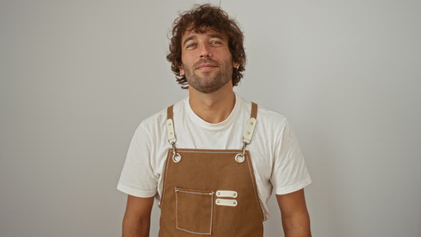 Young man smiling and pointing towards the camera while wearing brown overalls over a white shirt isolated on a gray background