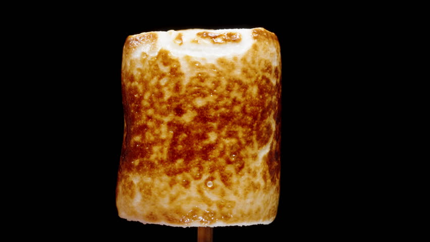Caramel Sweet Crust of Toasted Marshmallow on Stick Peeled Off, Soft Texture Beneath. Sweet Picnic Food.