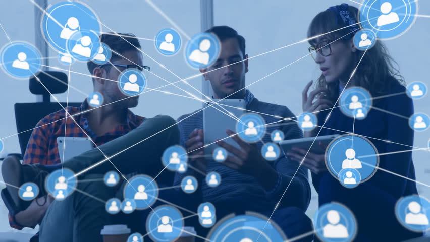 Animation of network of connections with icons over diverse business people using tablet. Technology, business and digital interface concept digitally generated video. - Powered by Shutterstock - Get 15% off with code: PIKWIZARD15