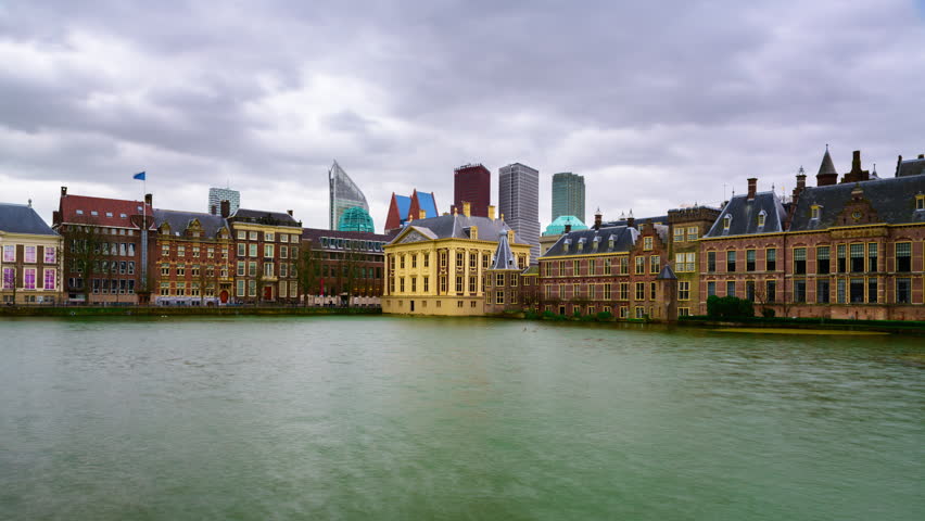 The Hague, Netherlands cityscape on Lake Hofvijver.