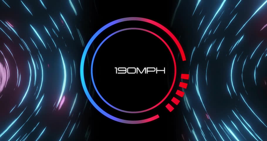 Animation of speedometer moving over light trails. Technology and digital interface concept digitally generated video.