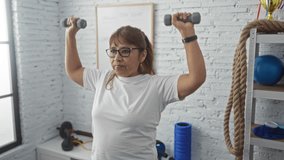 A middle-aged hispanic woman exercises with dumbbells in a gym, showcasing strength training in a well-equipped indoor fitness center. - Powered by Shutterstock - Get 15% off with code: PIKWIZARD15