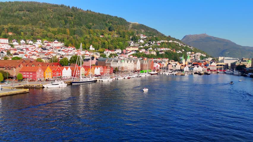 Aerial drone shot of Bergen harbor and wooden district Bryggen in Bergen, Norway