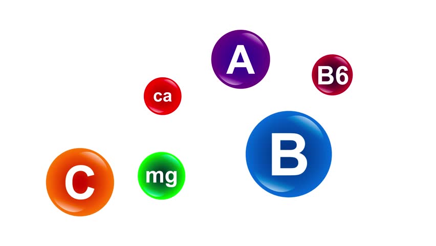 Vitamin A, B, C MG AND CA Pill Capsules. Animation on white background