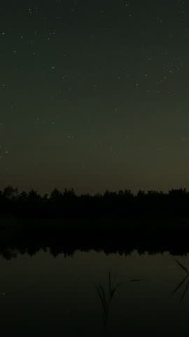 Time lapse of star trails in the night sky over the lake. Reflection of stars in water. Epic video, vertical footage