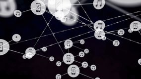 Network of connected devices and media icons animation over dark background. Connectivity, digital, technology, multimedia, internet, communication - Powered by Shutterstock - Get 15% off with code: PIKWIZARD15