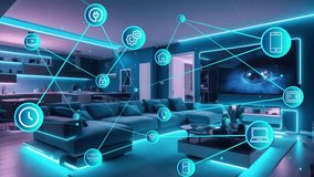 diverse icons and home management interface, living room double exposure. Concept of smart home, technologies, remote control and indicators - Powered by Shutterstock - Get 15% off with code: PIKWIZARD15