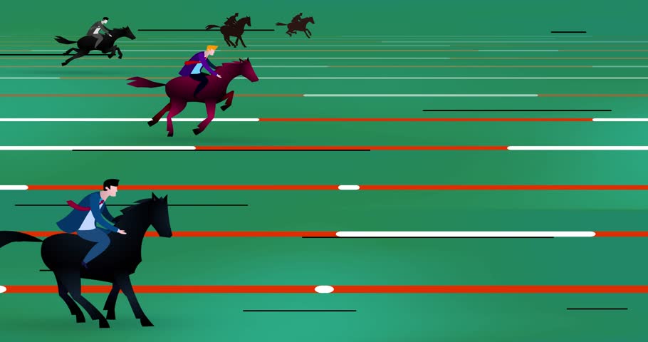Businessmen riding horses after speed up on green circuit. Business metaphor of rivalry chase, competition. Empty place  with separate lanes. Cartoon animation explainer motion graphic style.