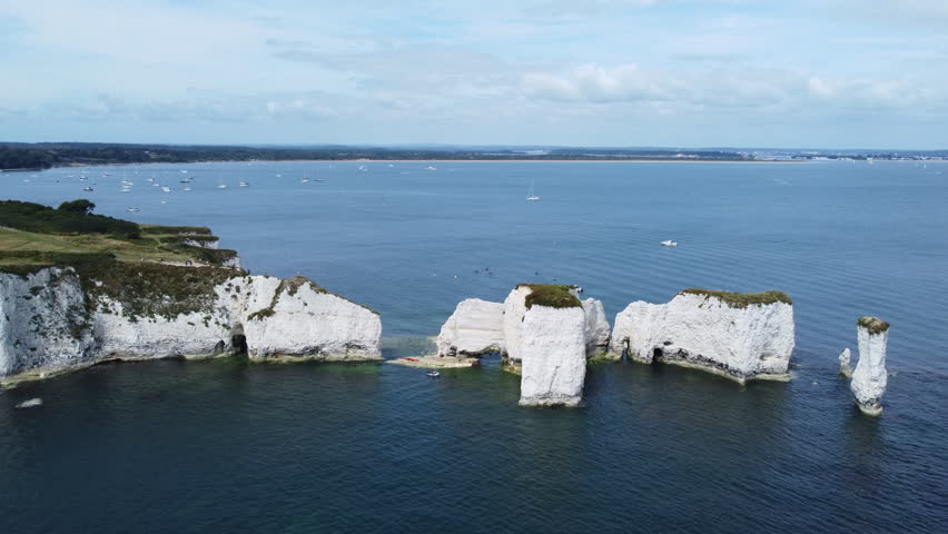 Aerial Pullback Reveal Old Harry Rocks Sea Stack Formation Poole Bay