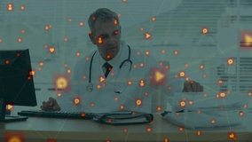 Doctor reviewing documents at desk with social media interaction animation over. Healthcare, professional, technology, innovation, communication, medical - Powered by Shutterstock - Get 15% off with code: PIKWIZARD15