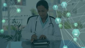 Medical network and data processing animation over doctor studying in office. Healthcare, technology, innovation, analytics, diagnostics, medicine - Powered by Shutterstock - Get 15% off with code: PIKWIZARD15