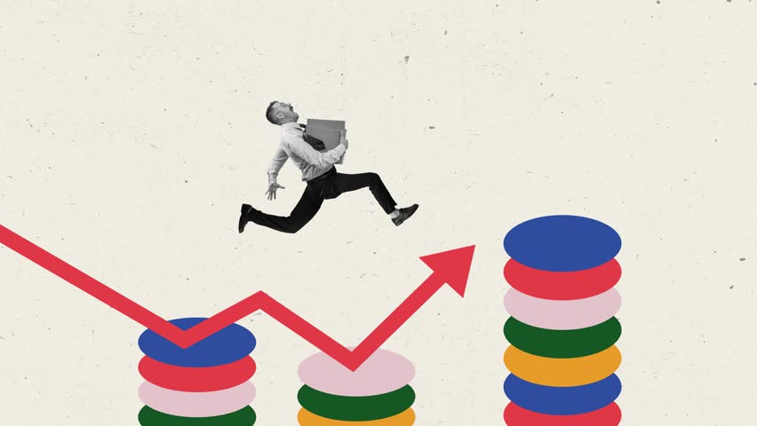 Stop motion. Creative animation. Motivated young man in monochrome going up over chart stands on stack of coins. Concept of business and finance, financial literacy, investment strategies, income.